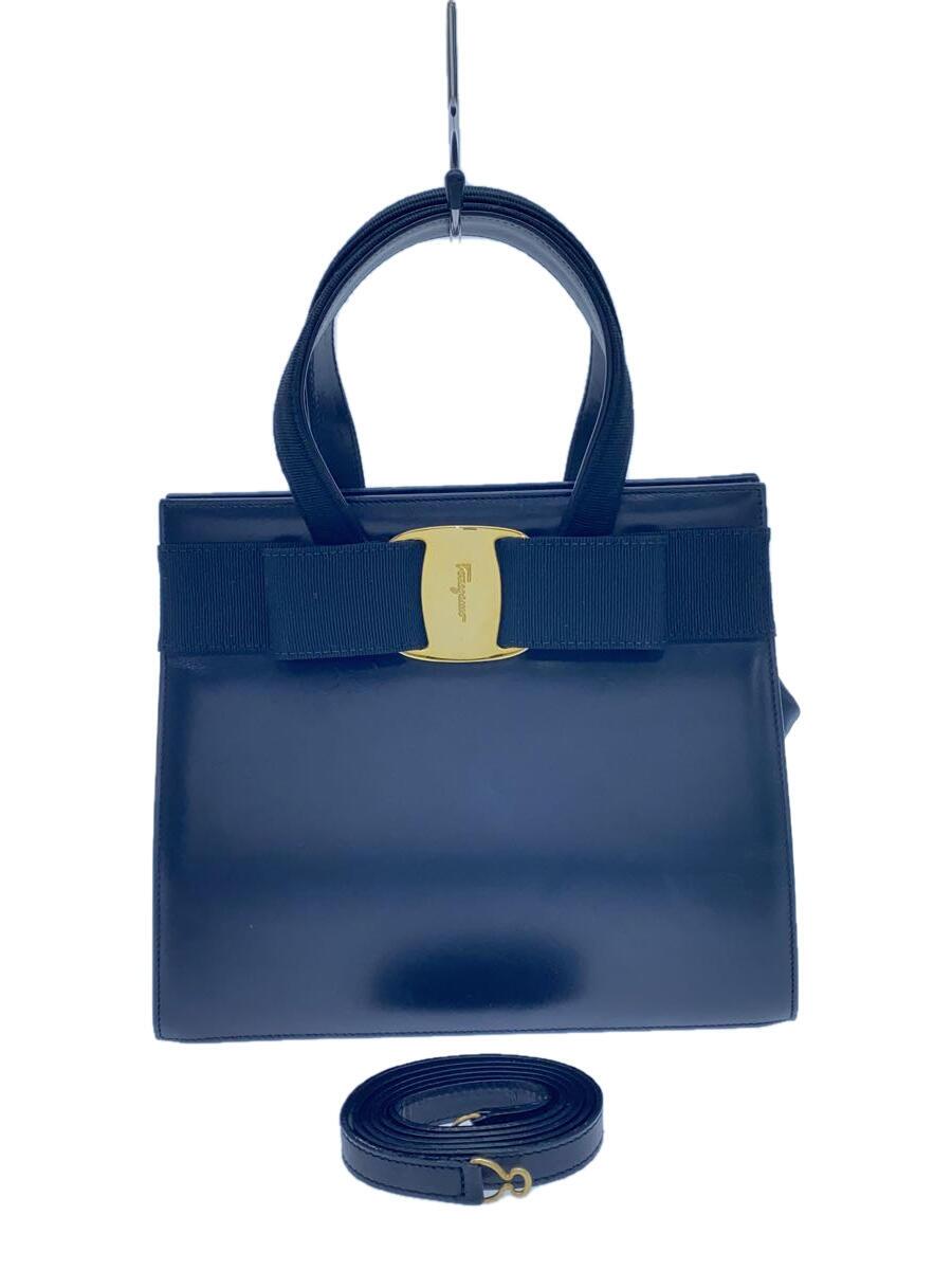 【中古】Salvatore Ferragamo◆ヴェラリボン/ショrダー/ハンドバック/なめし革/BLK/無地【御徒面子】