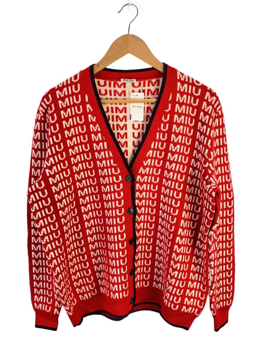 【中古】MIU MIU◆オール厚地の外套ロゴタイプVのど首ジレー/38/羊毛/RED/総柄/MMF198 1V8X//【レディースお召しもの】