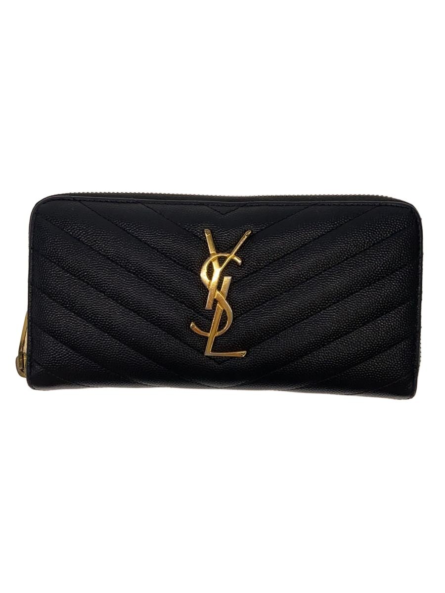 【中古】YVES SAINT LAURENT◆長銭入れ/なめし革/BLK/無地/レディース/358094【服飾雑貨他】