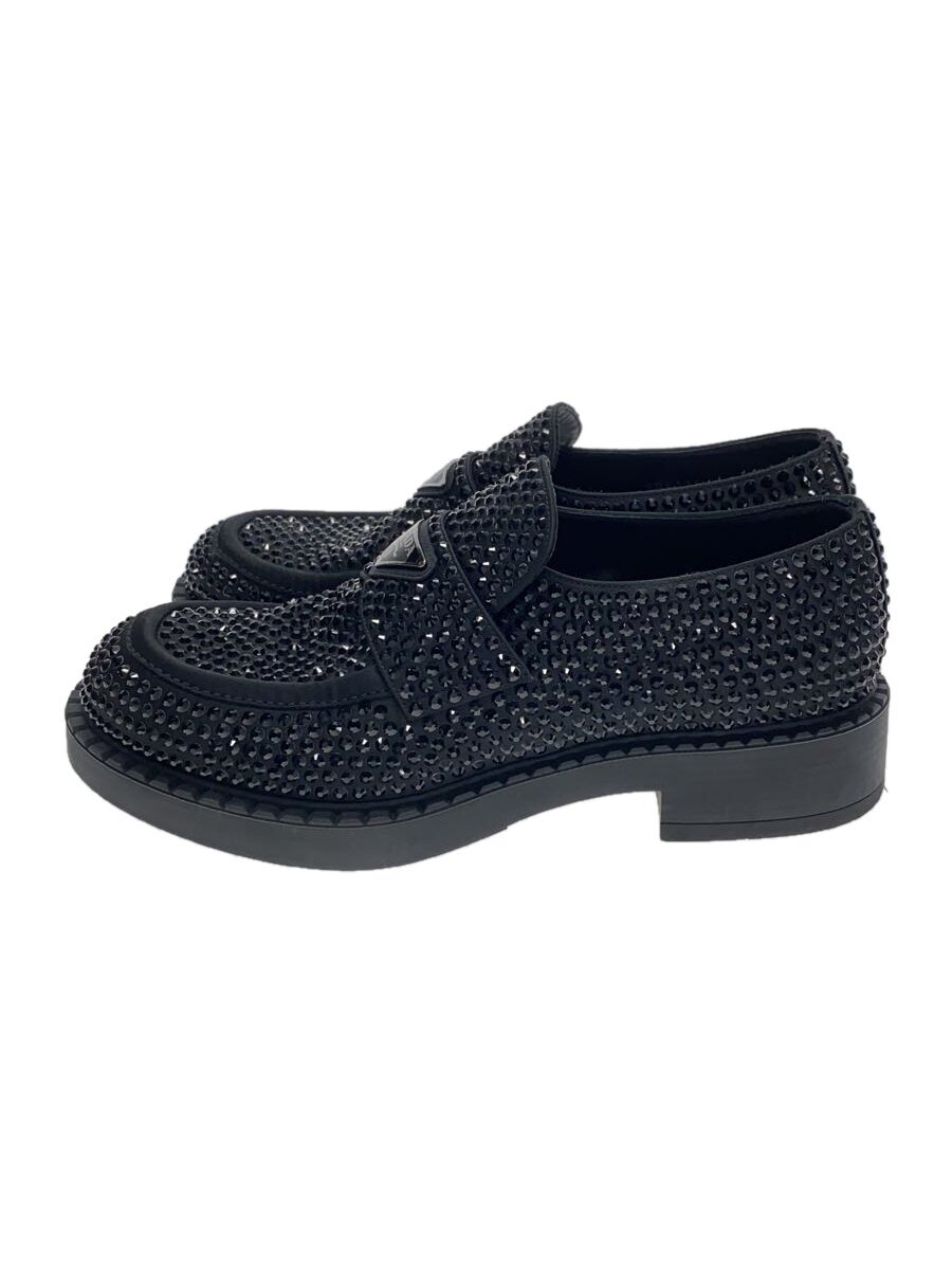 【中古】PRADA◆チョコレートクリスタルサテンローファー/UK7/BLK/2DE135【シューズ】