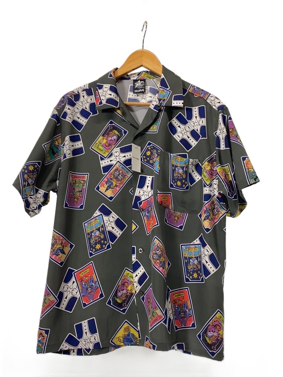 【中古】X-girl◆TAROT OPEN COLLAR SHIRT/半袖プルオーバー/S/ポリエステル/GRY/総柄/105241014【レディース御召しもの】