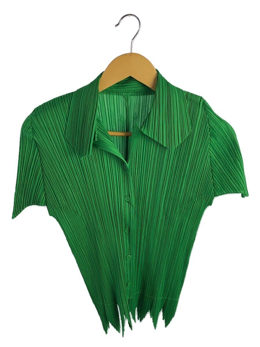 【中古】PLEATS PLEASE ISSEY MIYAKE◆裾デザインプリーツシャツ/半袖プルオーバー/3/ポリエステル/GRN/無地/PP81-JJ183//【レディース御召しもの】