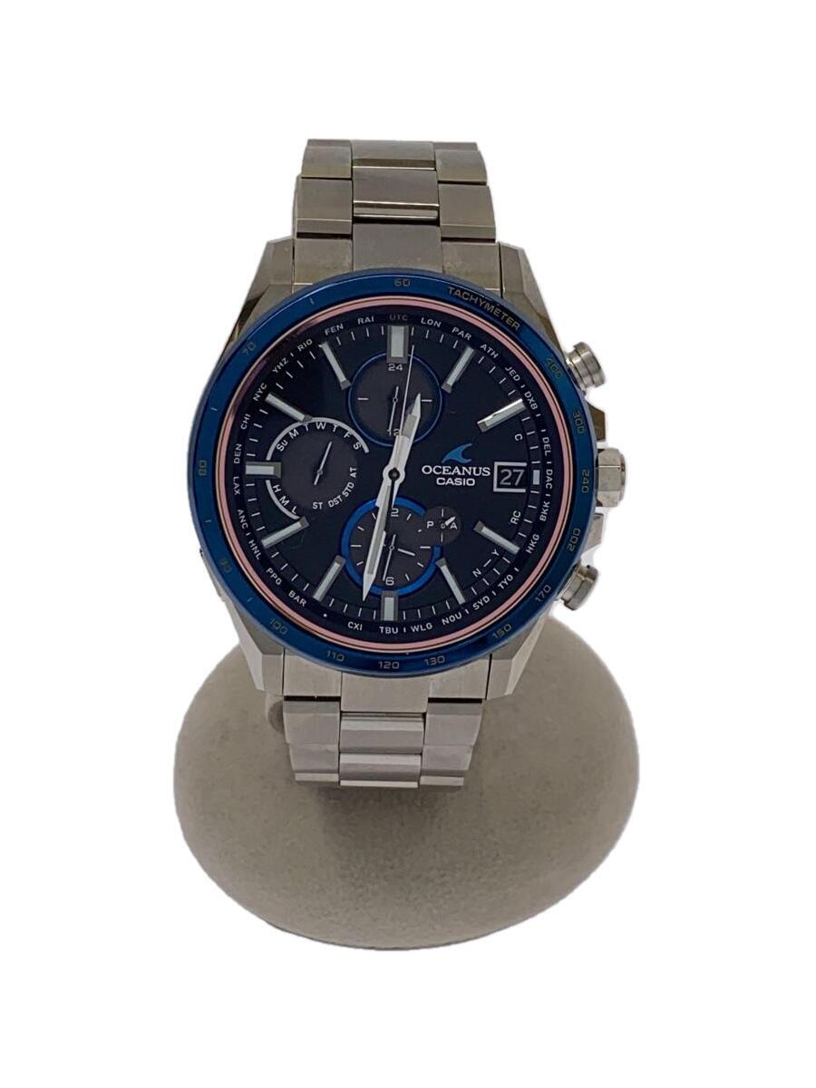 【中古】CASIO◆ソーラーウオッチ_OCEANUS/アナログ/チタン/BLK/SLV/チタン【服飾雑貨他】