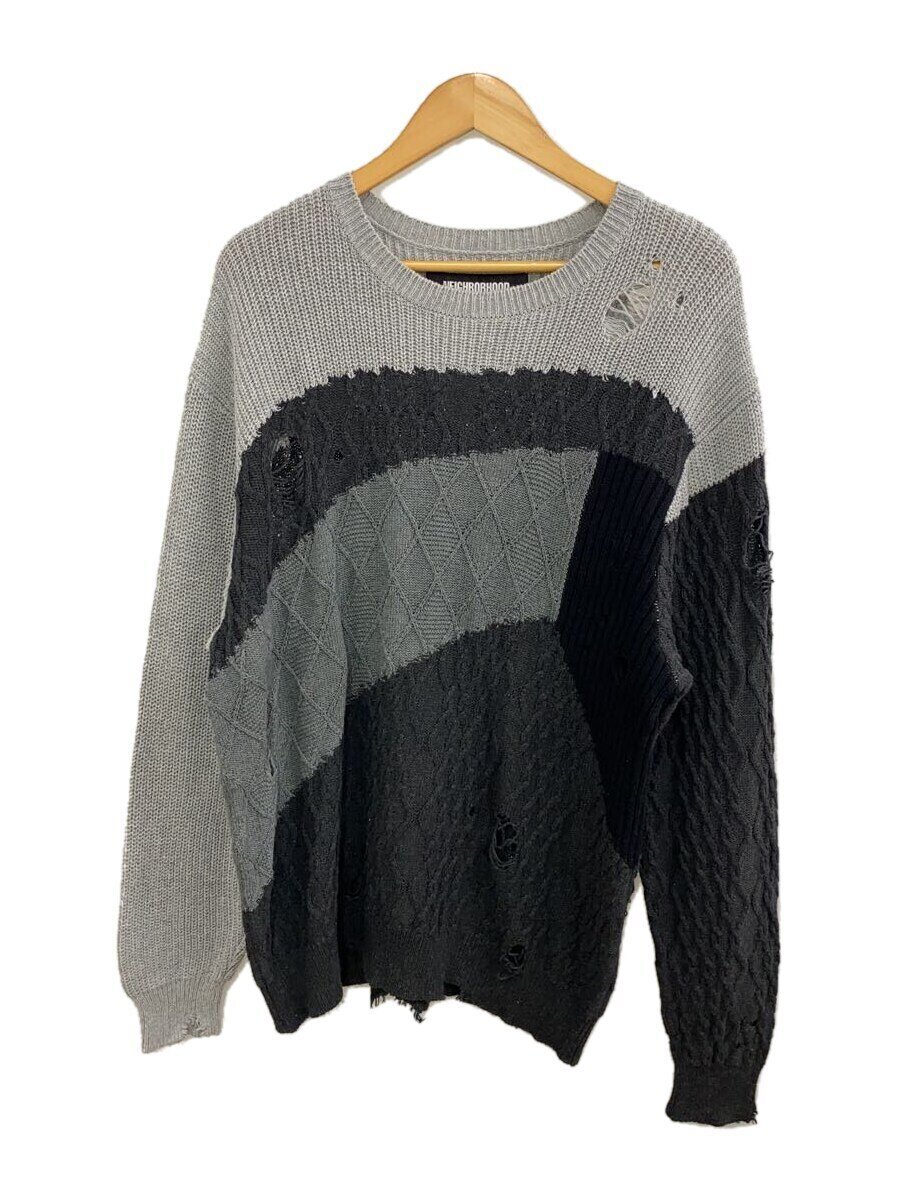 【中古】NEIGHBORHOOD◆PATCHWORK CREW KNIT/編み物・プルオーバー(薄っぺら)/M/綿織物/GRY/231FUNH-KNM01【メンズウェア】