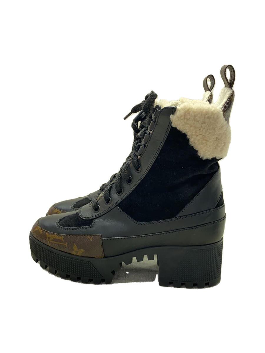 【中古】LOUIS VUITTON◆ブーツ/35/黒いこと/なめし革/ローリエートライン/アンクルブーツ/羊肉/【シューズ】
