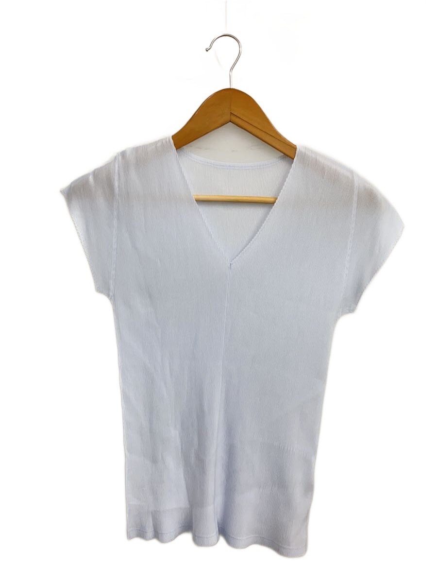【中古】PLEATS PLEASE ISSEY MIYAKE◆細筋目Vのど首半袖カットソー/3/ポリエステル/BLU/FK313/? NULL ?【レディース御召しもの】