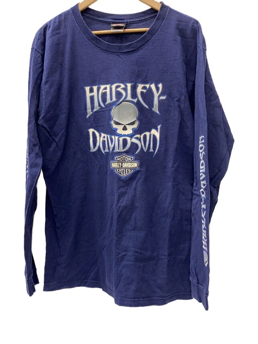 【中古】HARLEY DAVIDSON◆長袖プルオーバー/L/綿織物/NVY/USA制/袖刷り上げる/スカル【メンズウェア】