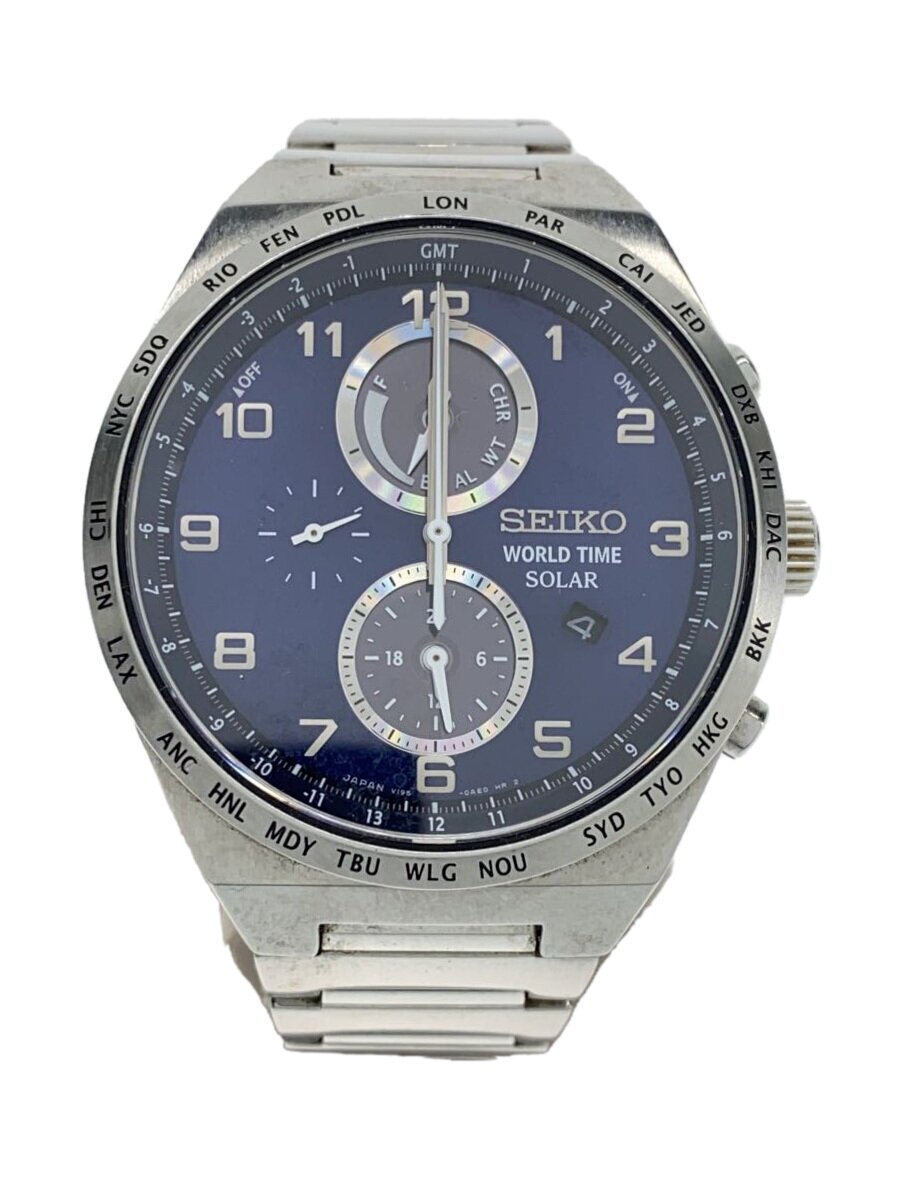 【中古】SEIKO◆ソーラーウオッチ/アナログ/ステンレス鋼/NVY/SLV/V195-0AE0【服飾雑貨他】