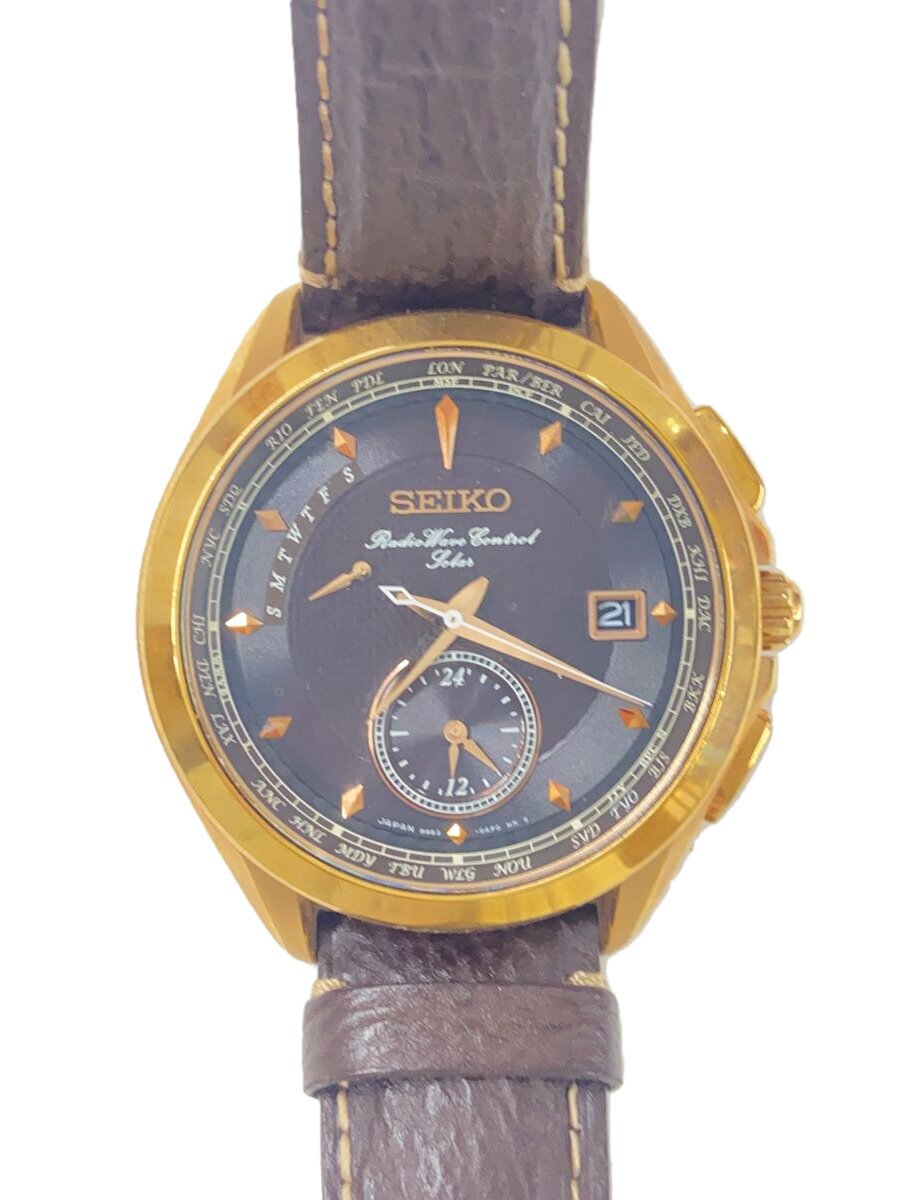 【中古】SEIKO◆ソーラーウオッチ/アナログ/なめし革/BLK/BRW/8B63-0AE0【服飾雑貨他】