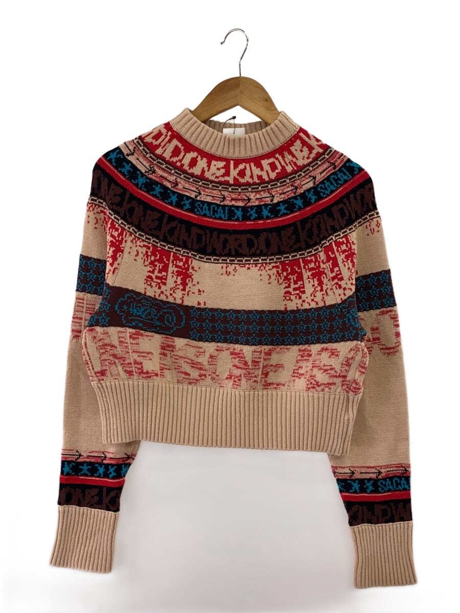 【中古】sacai◆編み物・ティーシャツ(朦朦たる)/1/綿織物/BEG/総柄//【レディース御召しもの】