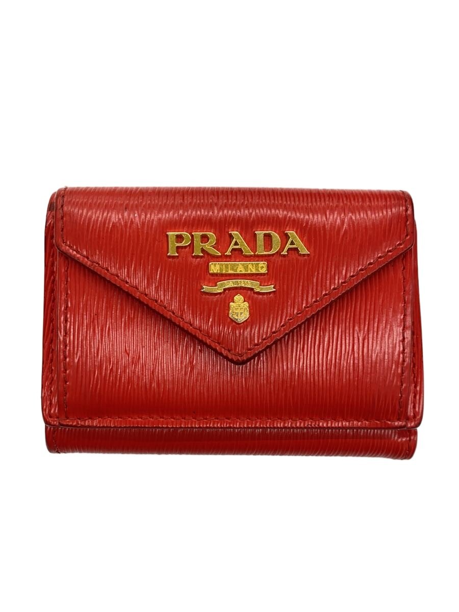 【中古】PRADA◆3ツ折サイフ/牛皮/RED/レディース【服飾雑貨他】
