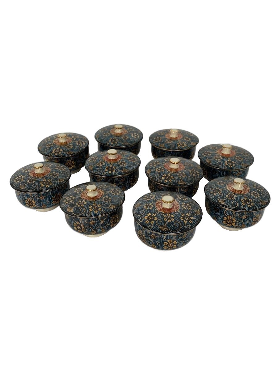 【中古】九谷焼◆青粒鉄仙/湯呑/10点セット/ブルー【キッチン用品】