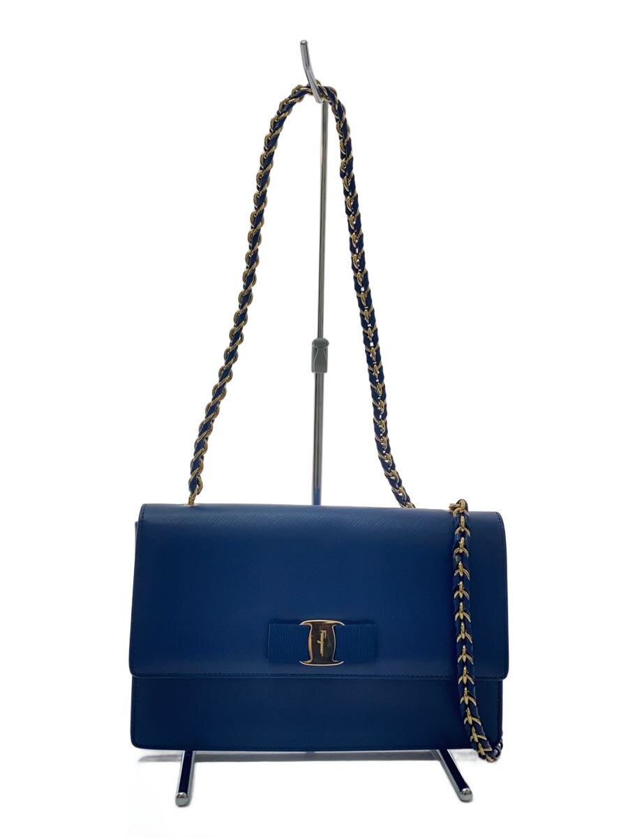 【中古】Salvatore Ferragamo◆ヴァラリボン/チェーン店ショルダーバッグ/なめし革/青み/GU-21E480【御徒面子】