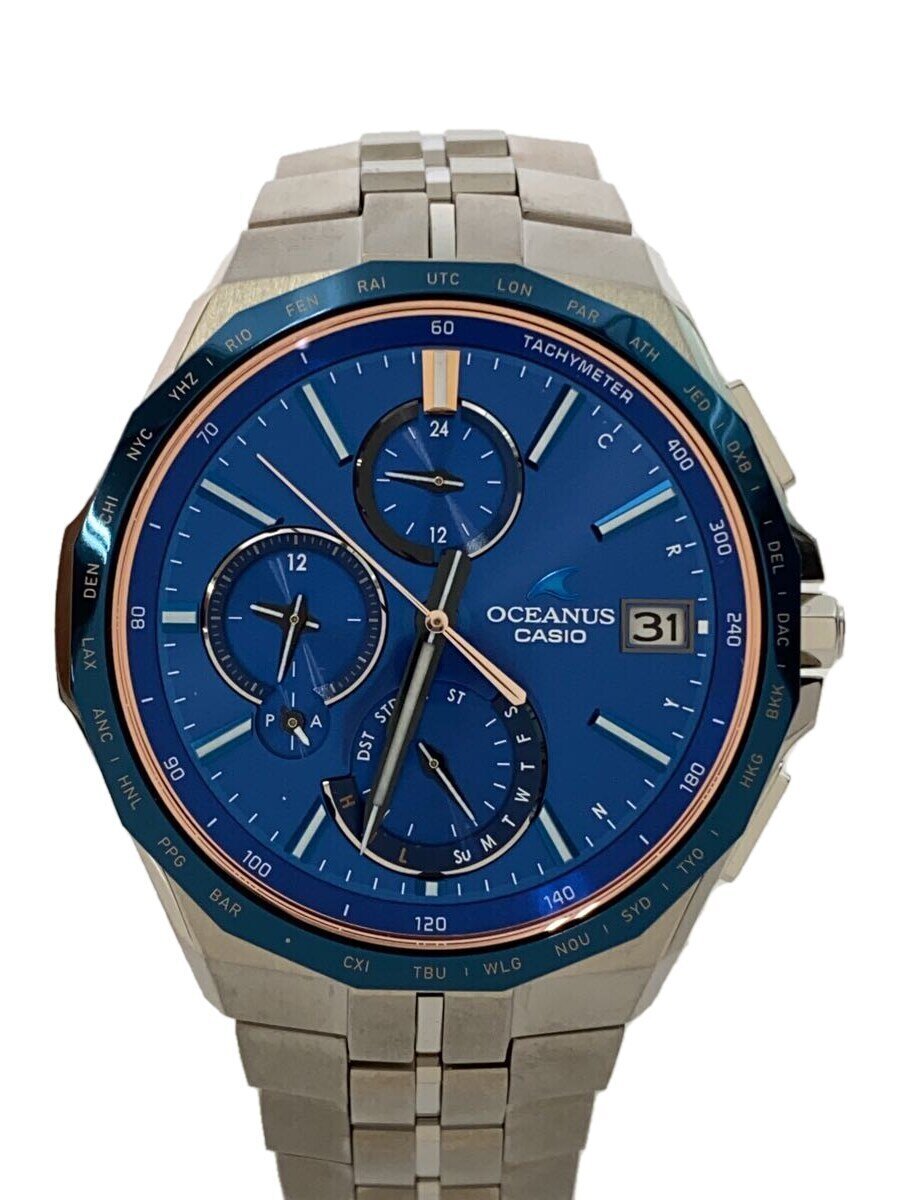 【中古】CASIO◆ソーラーウォッチ_OCEANUS/アナログ/チタン/BLU/SLV【服飾雑貨他】