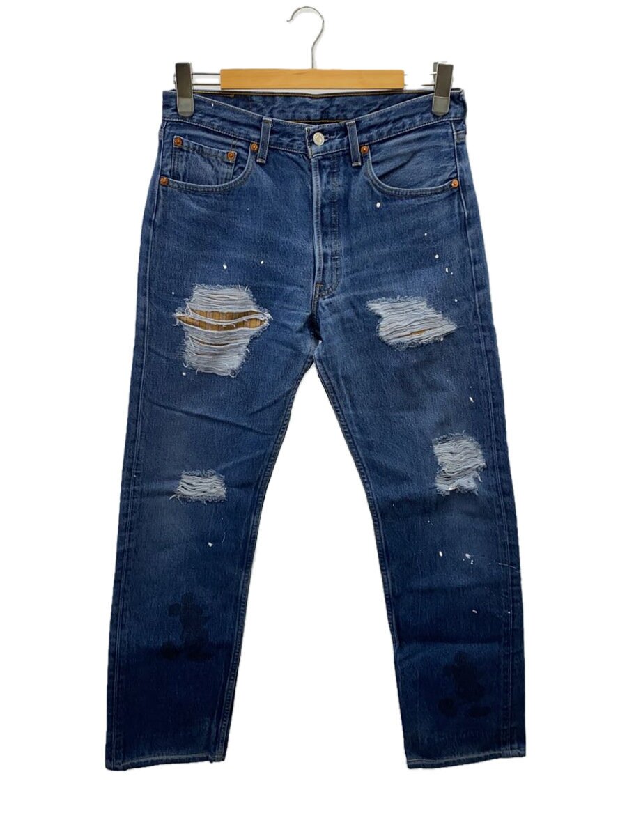 【中古】Levi’s◆下つ方/32×34/ジーンズ/IDG/無地/501/ユーロ/フランス共和国製/90s/ミッキープリント【メンズウェア】