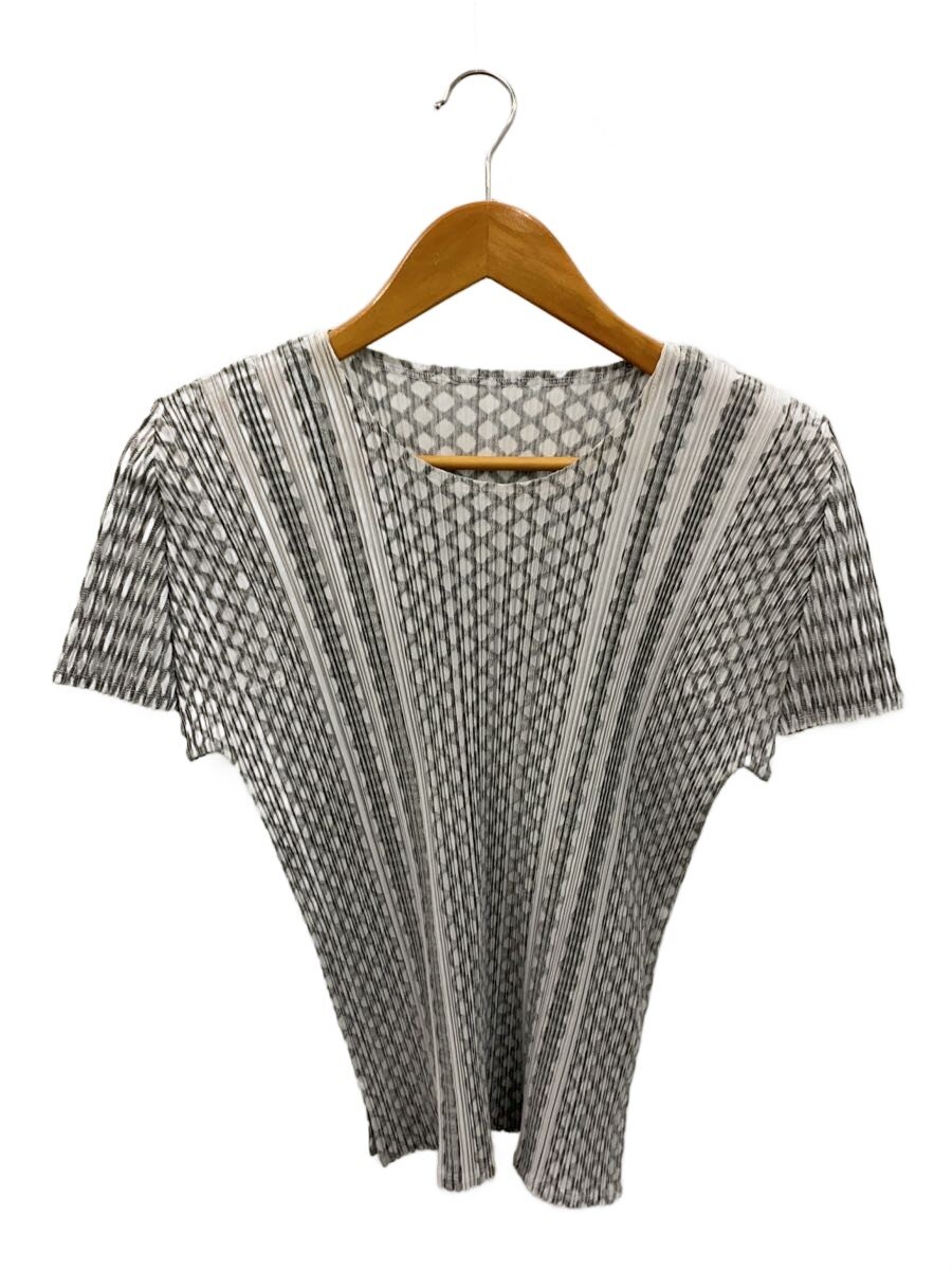 【中古】PLEATS PLEASE ISSEY MIYAKE◆筋目半袖カットソー/3/ポリエステル/GRY/総柄/jk482//【レディース御召しもの】