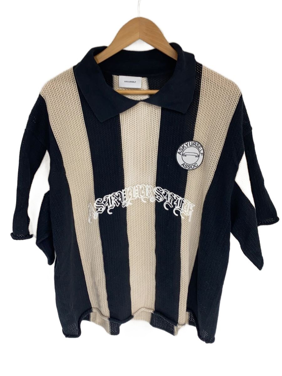 【中古】ASKYURSELF◆STRIPED SOCCER KNIT JERSEY/半袖プルオーバー/L/綿織物/BLK/縞模様【メンズウェア】