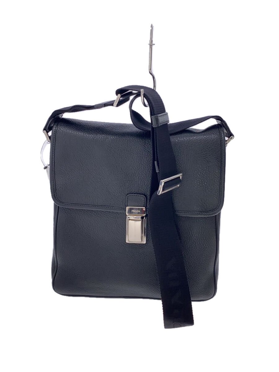 【中古】PRADA◆角スレ・金具キズ有/カーフレザーショルダーバッグ/なめし革/BLK/無地/VA1055//【御徒面子】