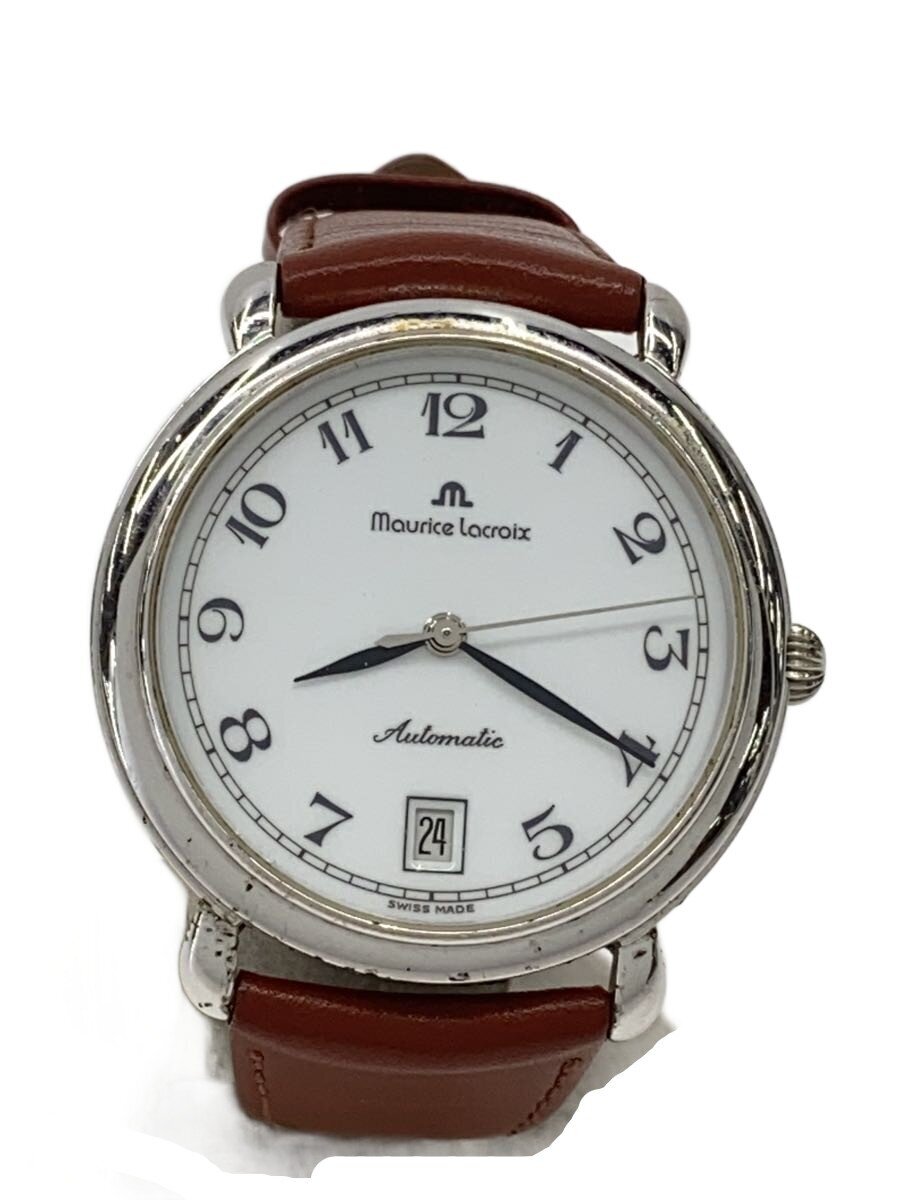 【中古】MAURICE LACROIX◆自動小銃巻ウオッチ/アナログ/なめし革/WHT/BRW/68499【服飾雑貨他】
