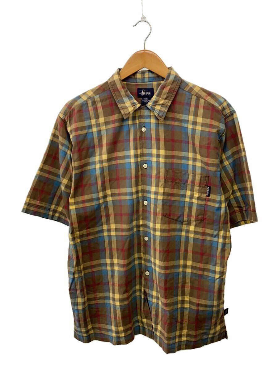 【中古】STUSSY◆90s/バーラット製/紺引き舟/開襟/半袖プルオーバー/M/綿織物/マルチ色合い/総柄【メンズウェア】