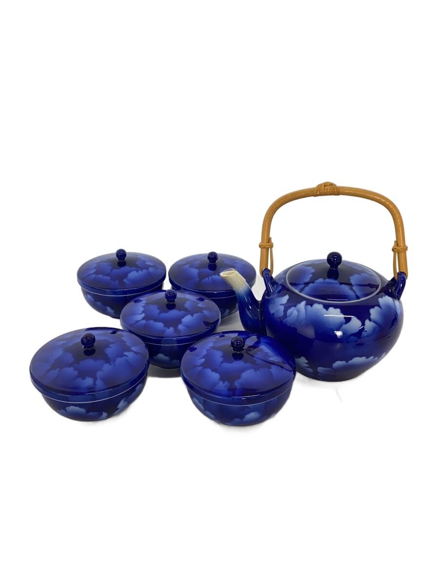 【中古】深川製磁◆蓋付茶器揃え/急須/湯呑/牡丹/ブルー/6点セット【キッチン用品】