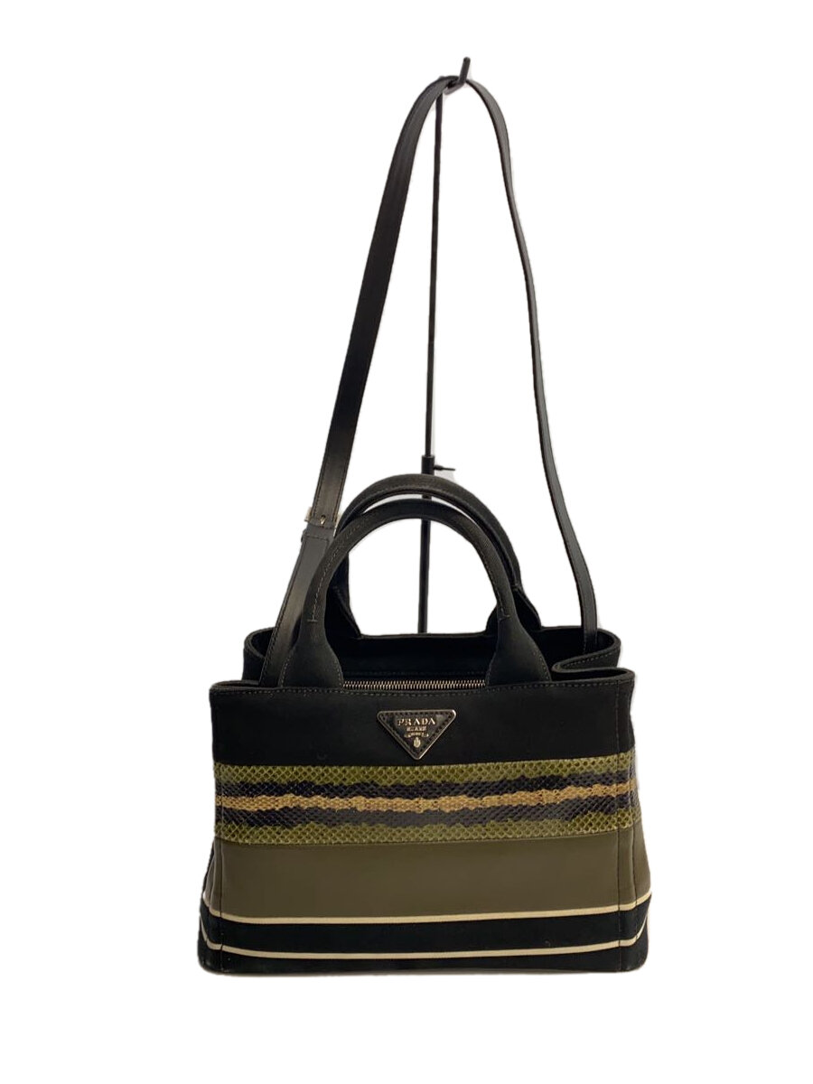 【中古】PRADA◆ハンドバッグ/キャンバス/BLK/PATCH RIGHE MIX/擦れ/持ち手変色有//【バッグ】｜2ｎｄ STREET 店