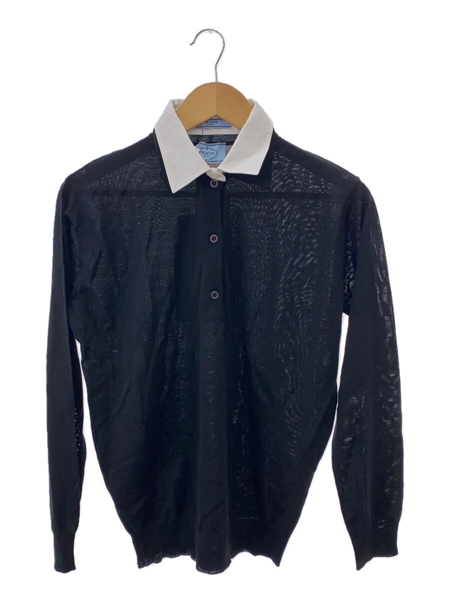 【中古】PRADA◆24SS/編み物ポロ/編み物・プルオーバー(薄っぺら)/38/羊毛/BLK/無地/デオキシリボ核酸00T【レディース御召しもの】