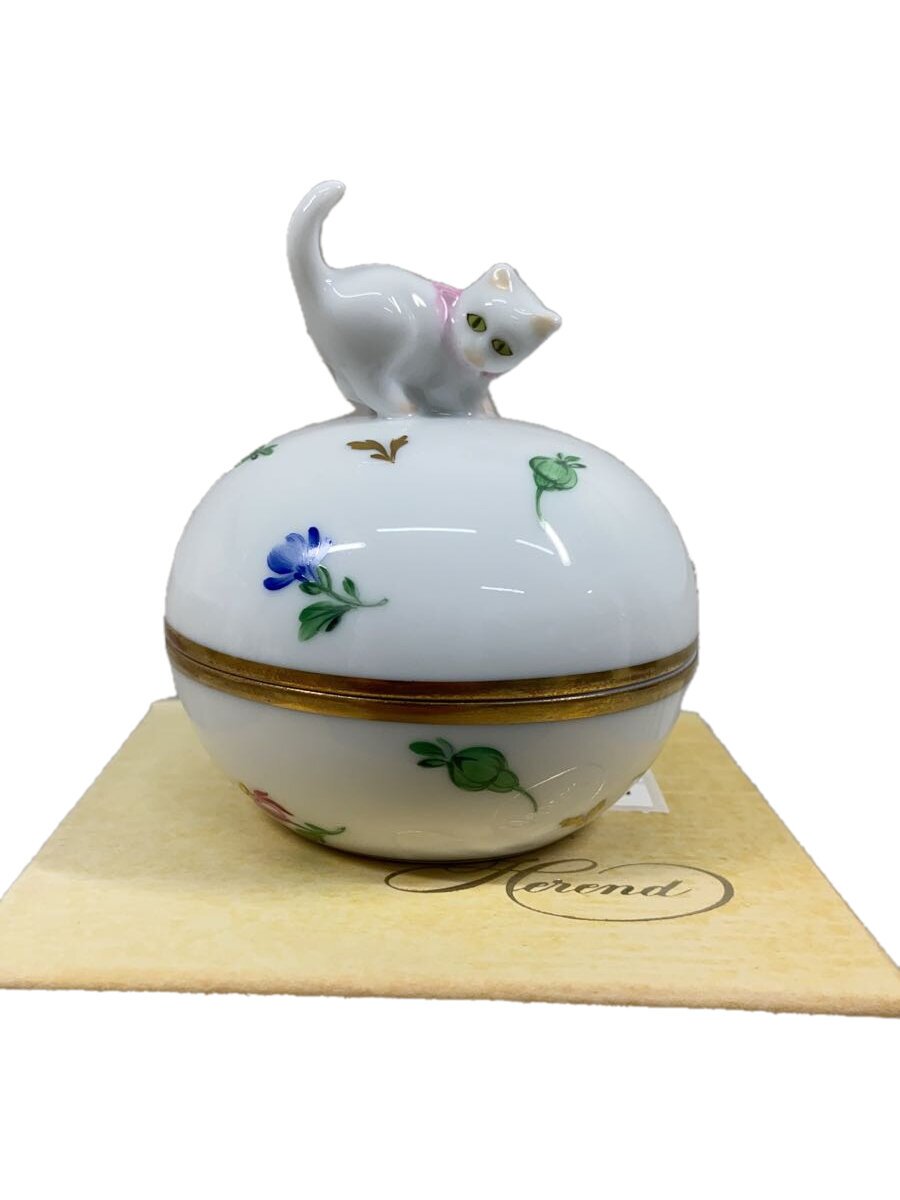 【中古】Herend◆小物入れ/herend hvngary/猫/丸型【キッチン用品】