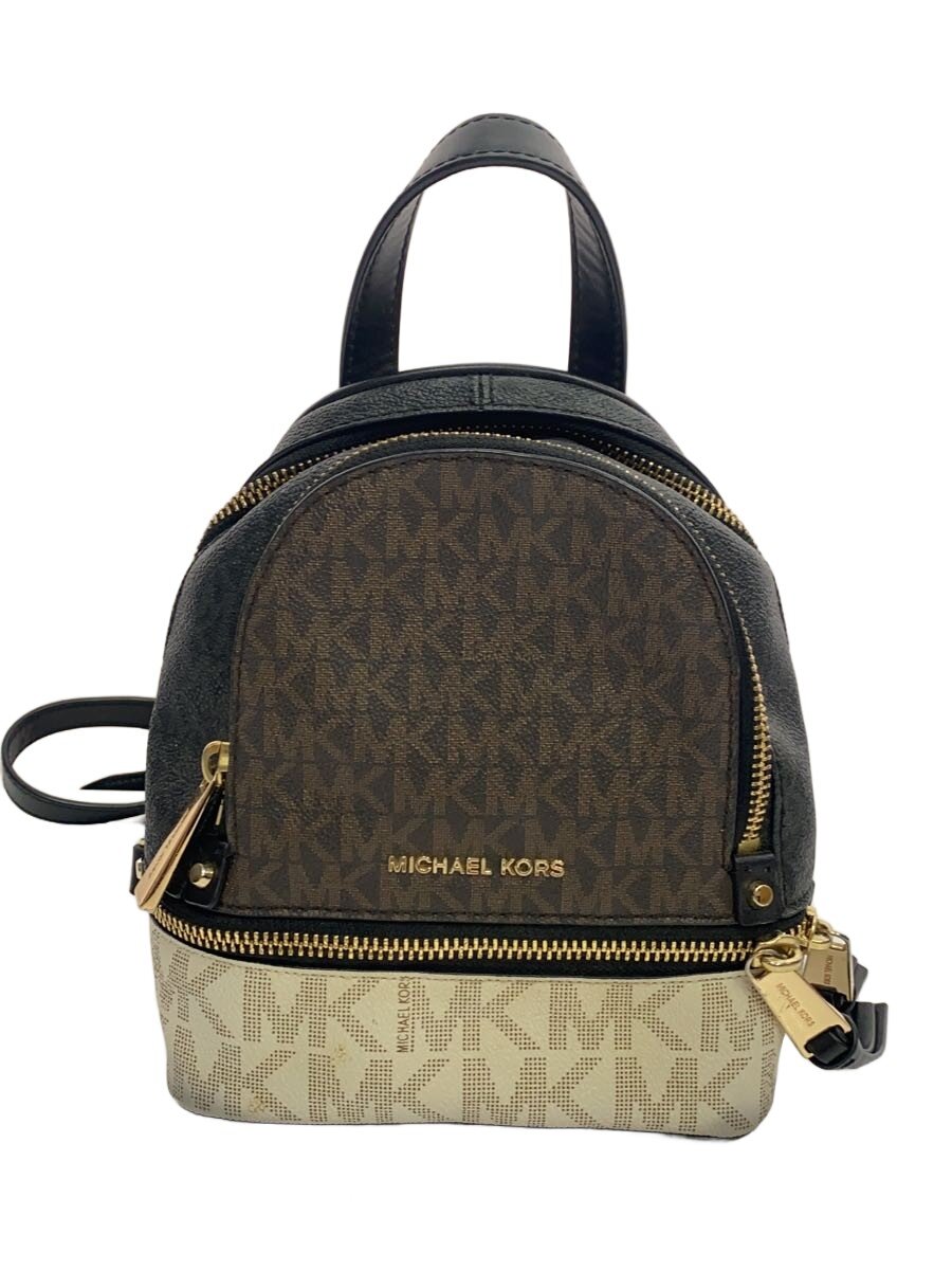 【中古】MICHAEL KORS◆背嚢/--/BRW/総柄/RHEA ZIP BACKPACK/XS【御徒面子】