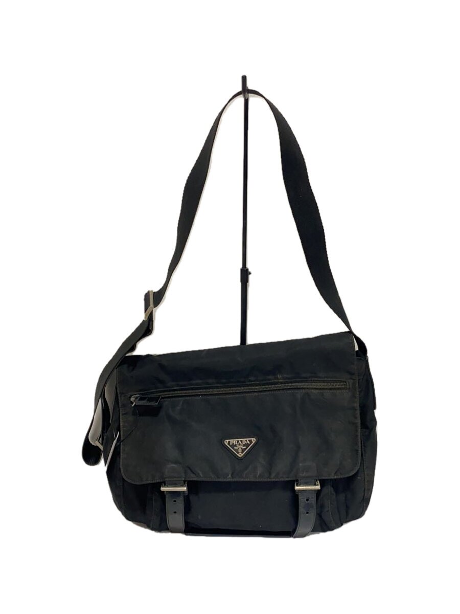 【中古】PRADA◆メタルロゴショルダーバッグ/ナイロン/黒いこと/無地【御徒面子】