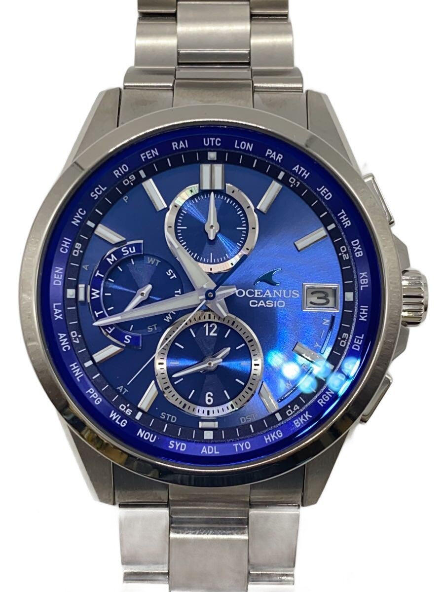 【中古】CASIO◆ソーラーウォッチ_OCEANUS/アナログ/チタン/BLU/SLV【服飾雑貨他】