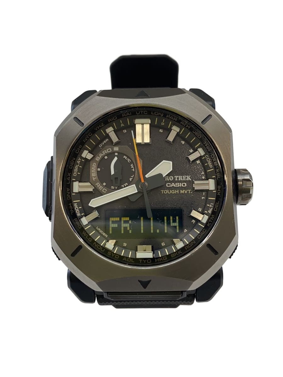 【中古】CASIO◆ソーラーウオッチ_PRO TREK/アナログ/SLV/BLK【服飾雑貨他】