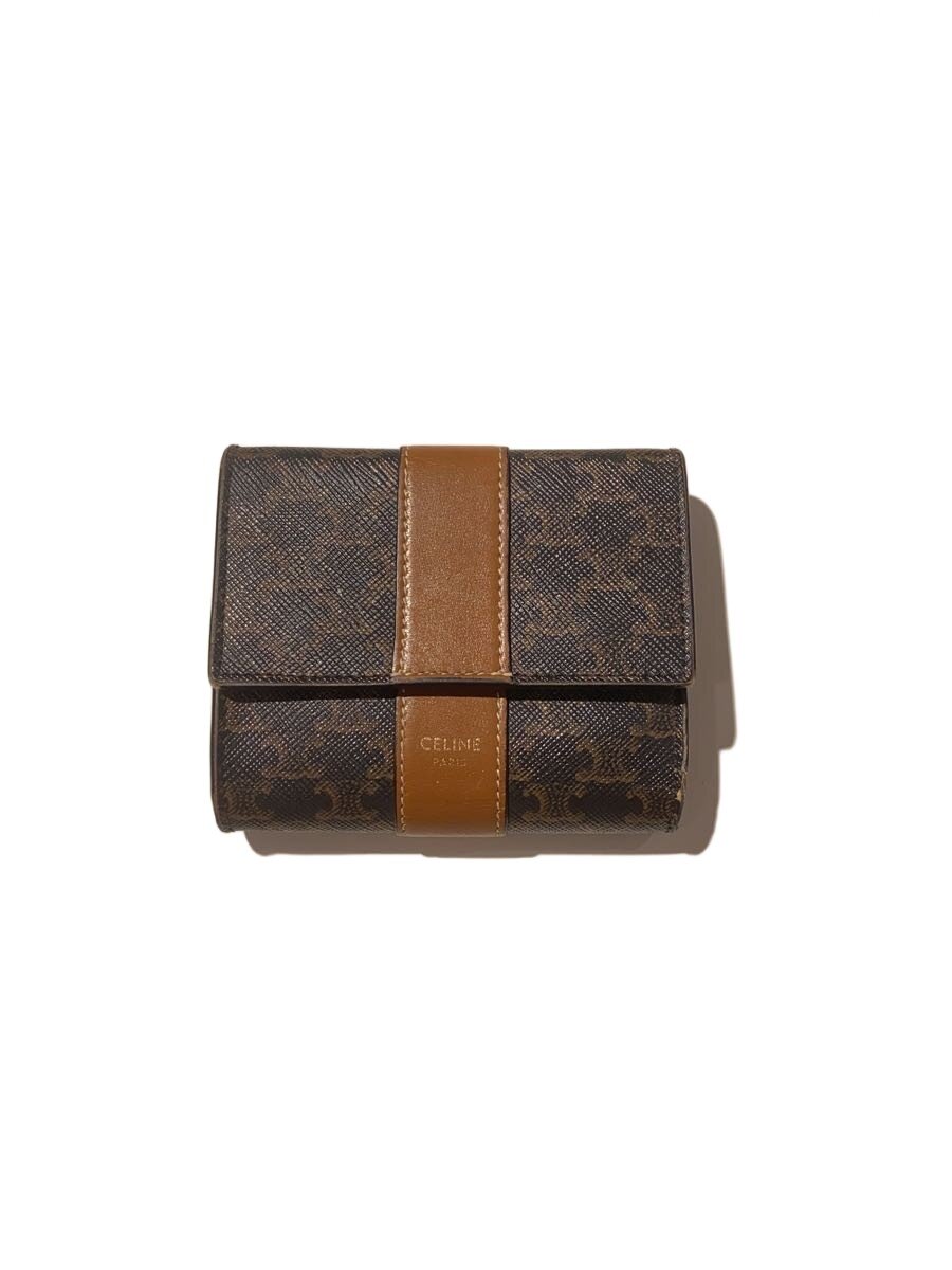 【中古】CELINE◆トリフォールド/マカダム柄/3つ折り金入れ/PVC/BRW/モノグラム/レディース【服飾雑貨他】