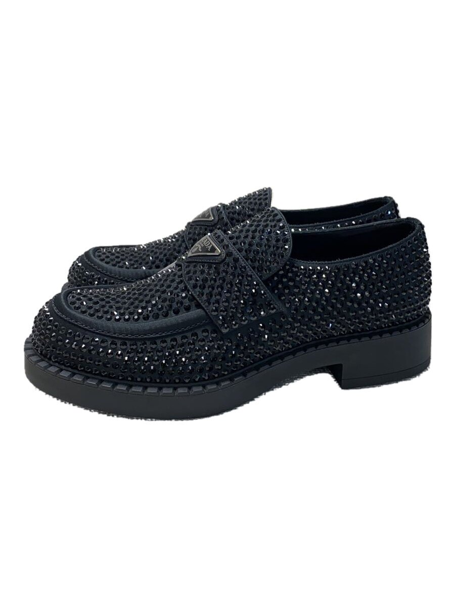 【中古】PRADA◆チョコレートクリスタルサテンローファー/UK7.5/BLK/2DE135//【シューズ】