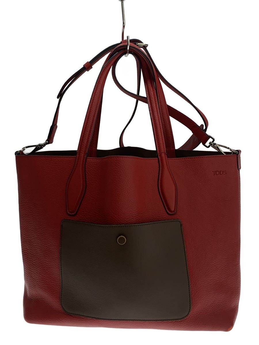 【中古】TOD’S◆トートバッグ/レザー/RED/無地/バイカラー/角スレ有り【バッグ】|2nd STREET 店