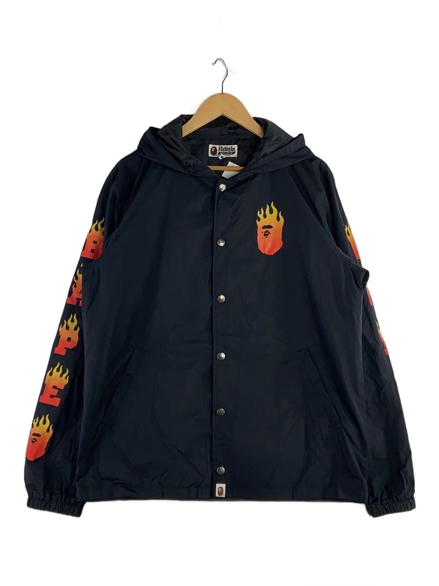 【中古】A BATHING APE◆Flame Hoodie Coach Jacket/コーチジャケット/L/ポリエステル/BLK/フレイムプリント【メンズウェア】