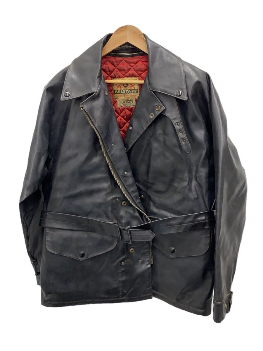 【中古】Belstaff◆ダブルライダースジャケット/--/なめし革/BLK/無地/30s/40s【メンズウェア】