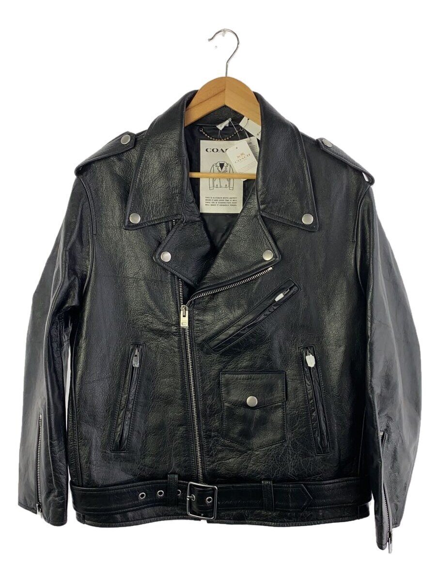 【中古】COACH◆ダブルライダースジャケット/S/牛皮/BLK/無地/CG797【メンズウェア】