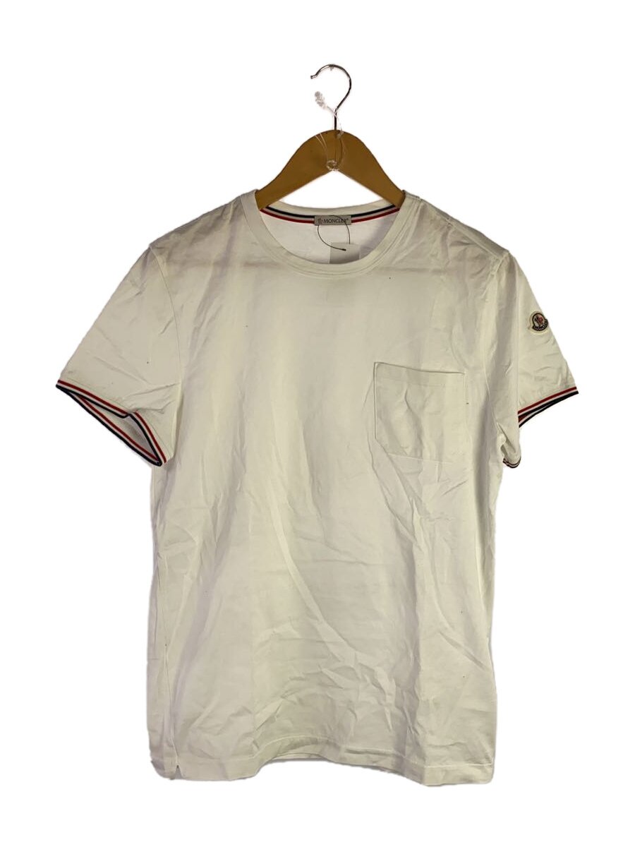 【中古】MONCLER◆MAGLIA T-SHIRT/紋章/肋筋/生産ライン/衣嚢プルオーバー/M/綿織物/白/白いこと/ポケT【メンズウェア】