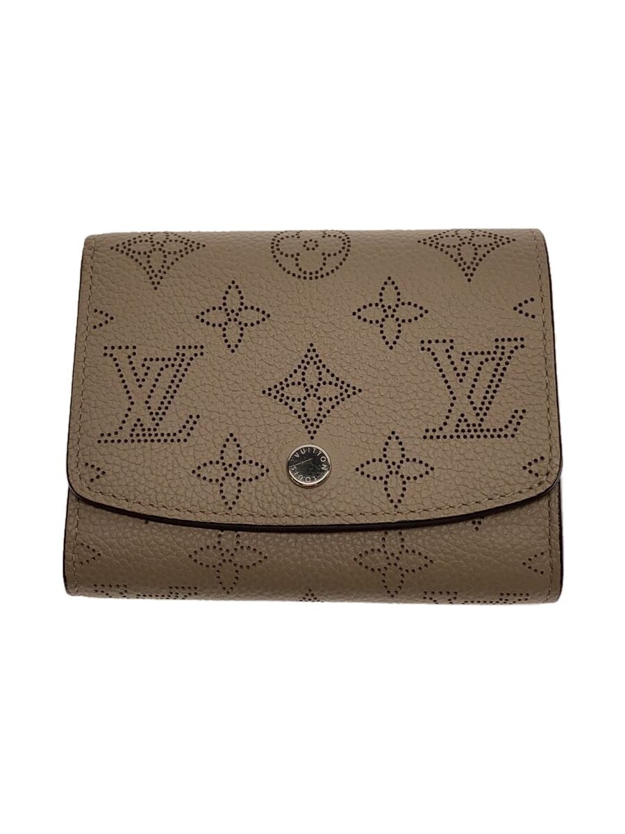 【中古】LOUIS VUITTON◆ポルト・フォイユ・イリスコンパクト_マヒナ_BEG_ガレ/レザー/BEG/レディース【服飾雑貨他】