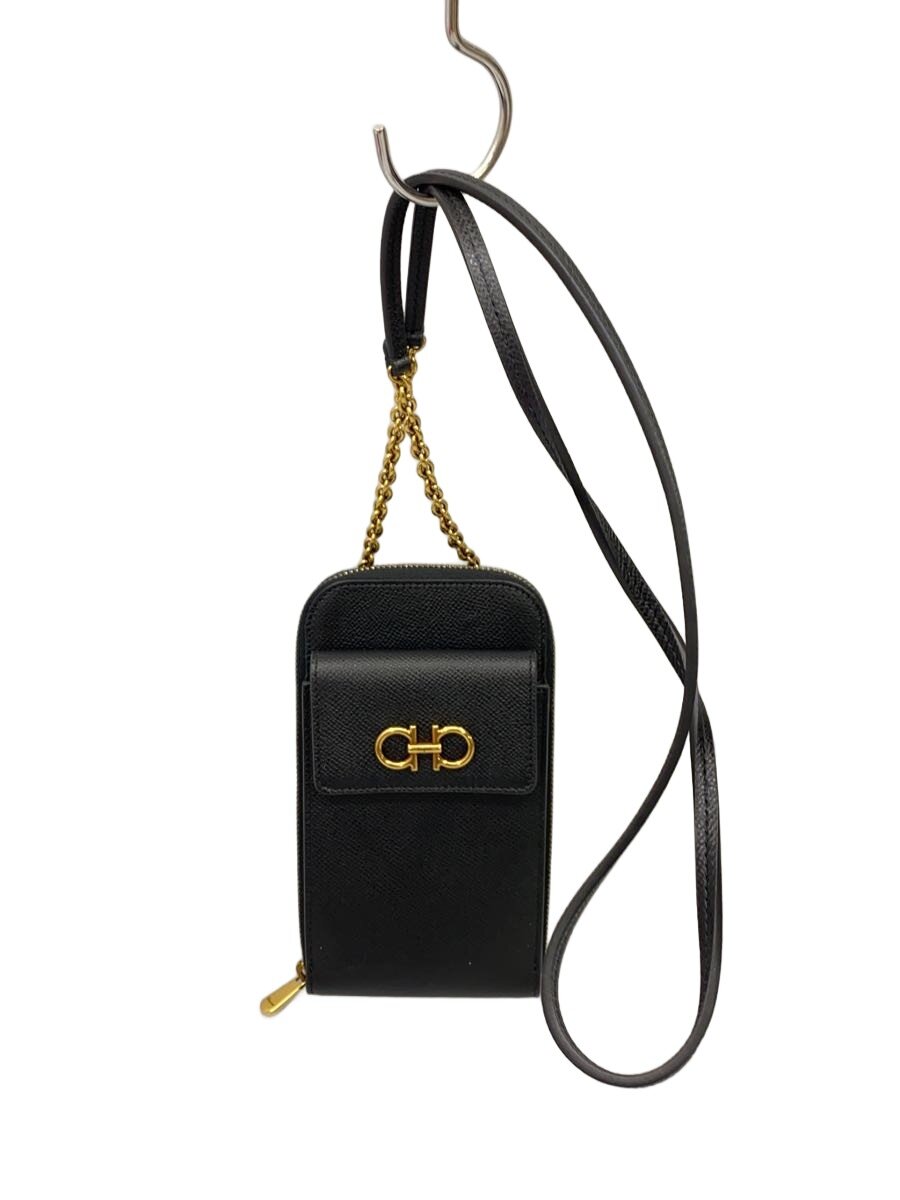 【中古】Salvatore Ferragamo◆GANCINI/PHONE CASE/LANGUR/ポシェット/なめし革/BLK/220375【御徒面子】