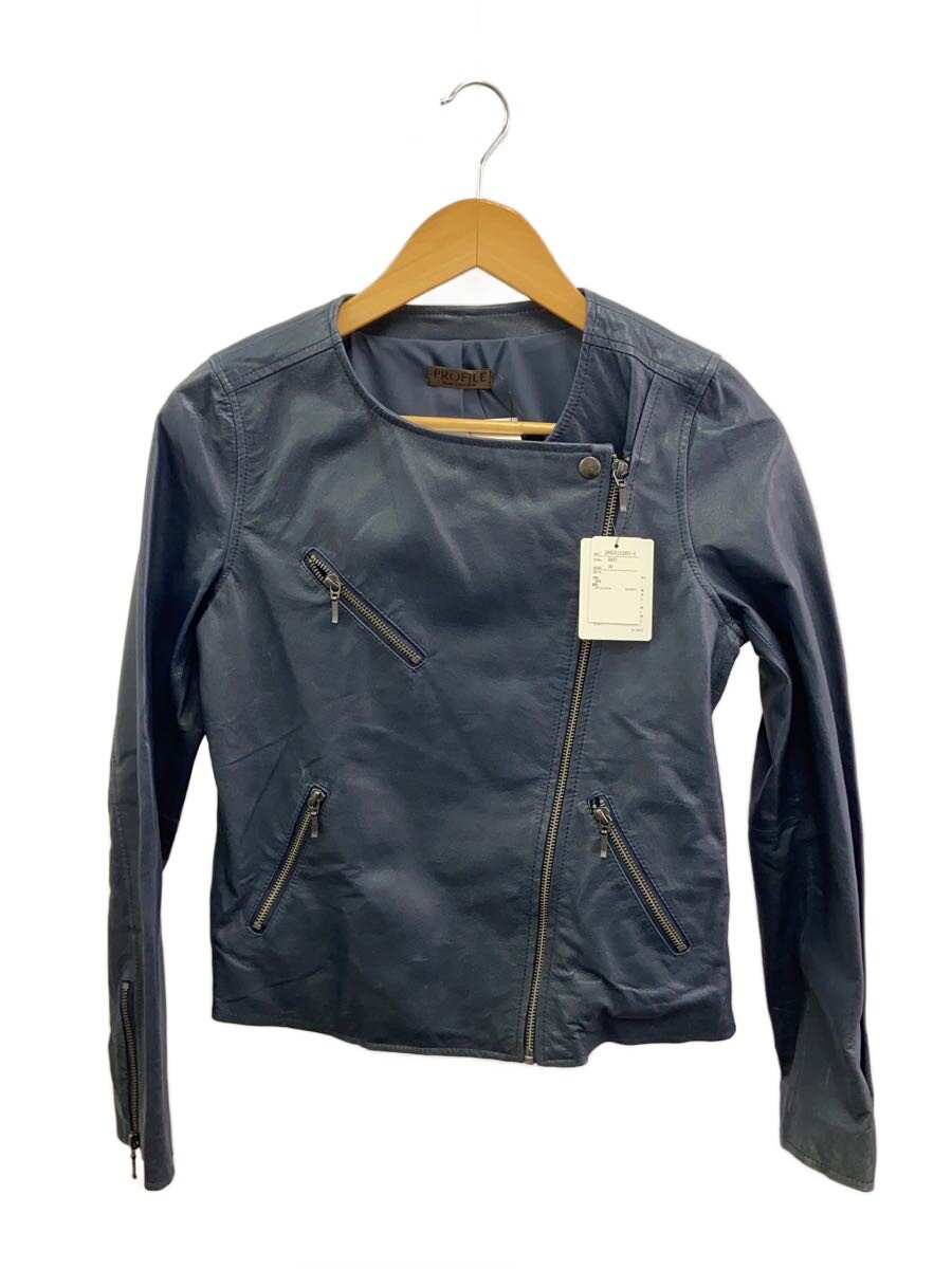 【中古】PROFILE◆ノーカラーライダースジャケット/38/豚革/NVY/無地/265311201-L/引き船付き添い人【レディース御召しもの】