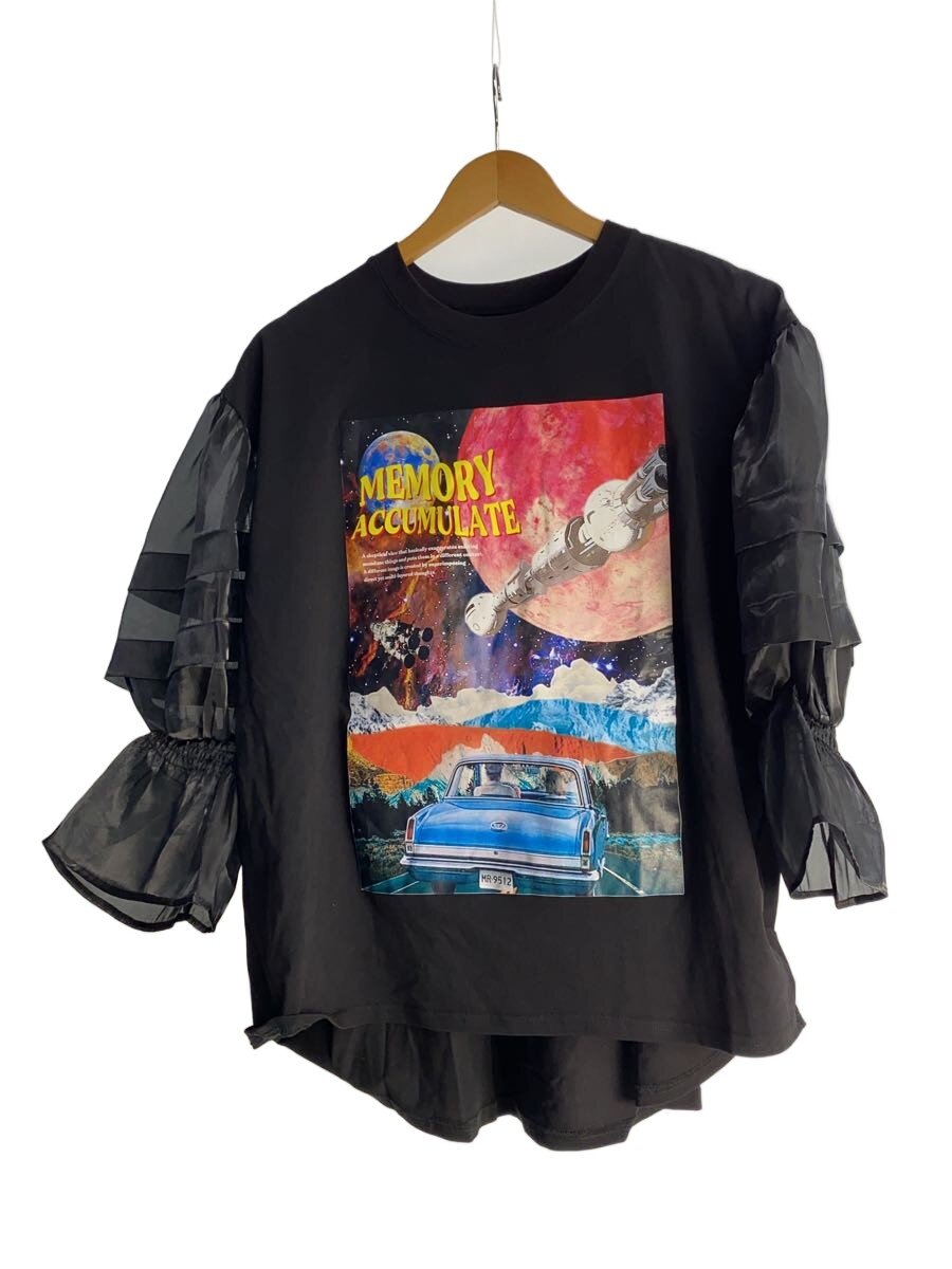 【中古】ROSE BUD◆コラージュグラフィックオーガンジートップ長袖カットソー/FREE/綿織物/BLK/総柄/BC6440【レディース御召しもの】