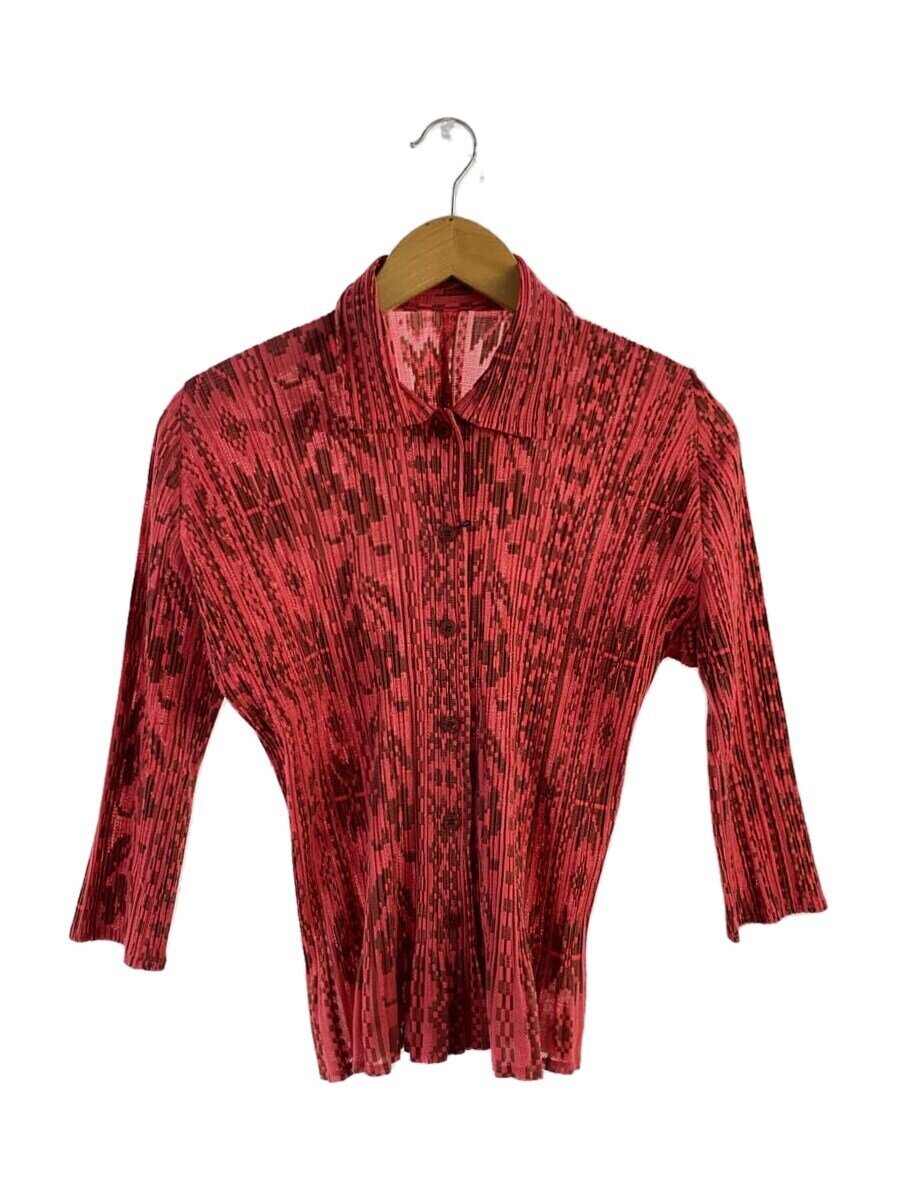 【中古】PLEATS PLEASE ISSEY MIYAKE◆長袖トップ/3/ポリエステル/赤いこと/総柄/PP03-JJ581/筋目トップ【レディースお召しもの】