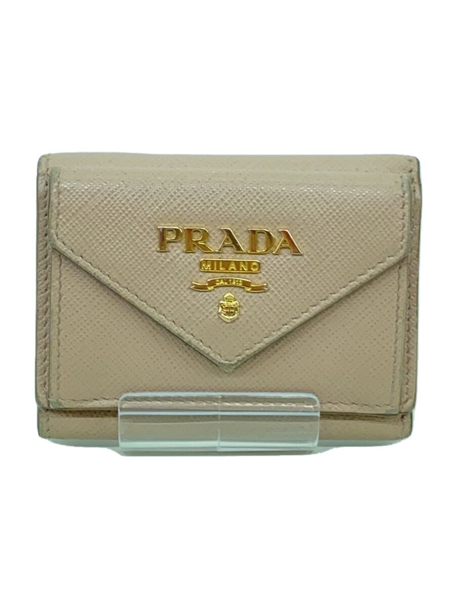 【中古】PRADA◆2つ折り紙入れ/なめし革/BEG/無地/レディース【服飾雑貨他】