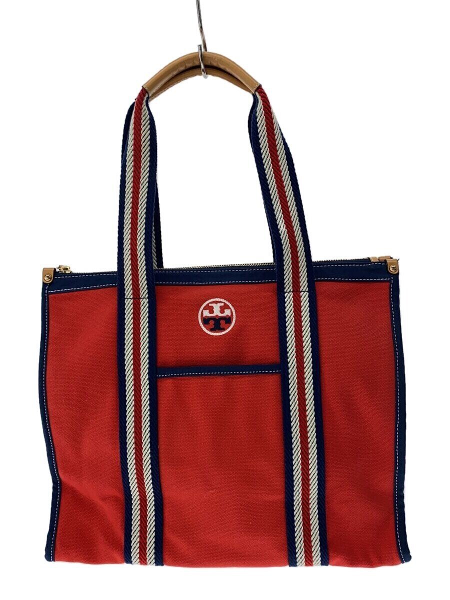【中古】TORY BURCH◆トートバッグ/綿織物/RED/無地【御徒面子】