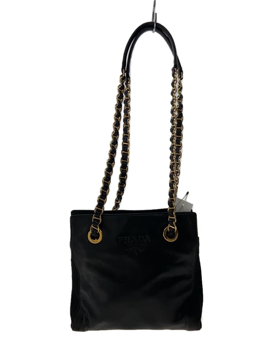 【中古】PRADA◆エンボスロゴチェーンショルダーバッグ/なめし革/BLK【御徒面子】