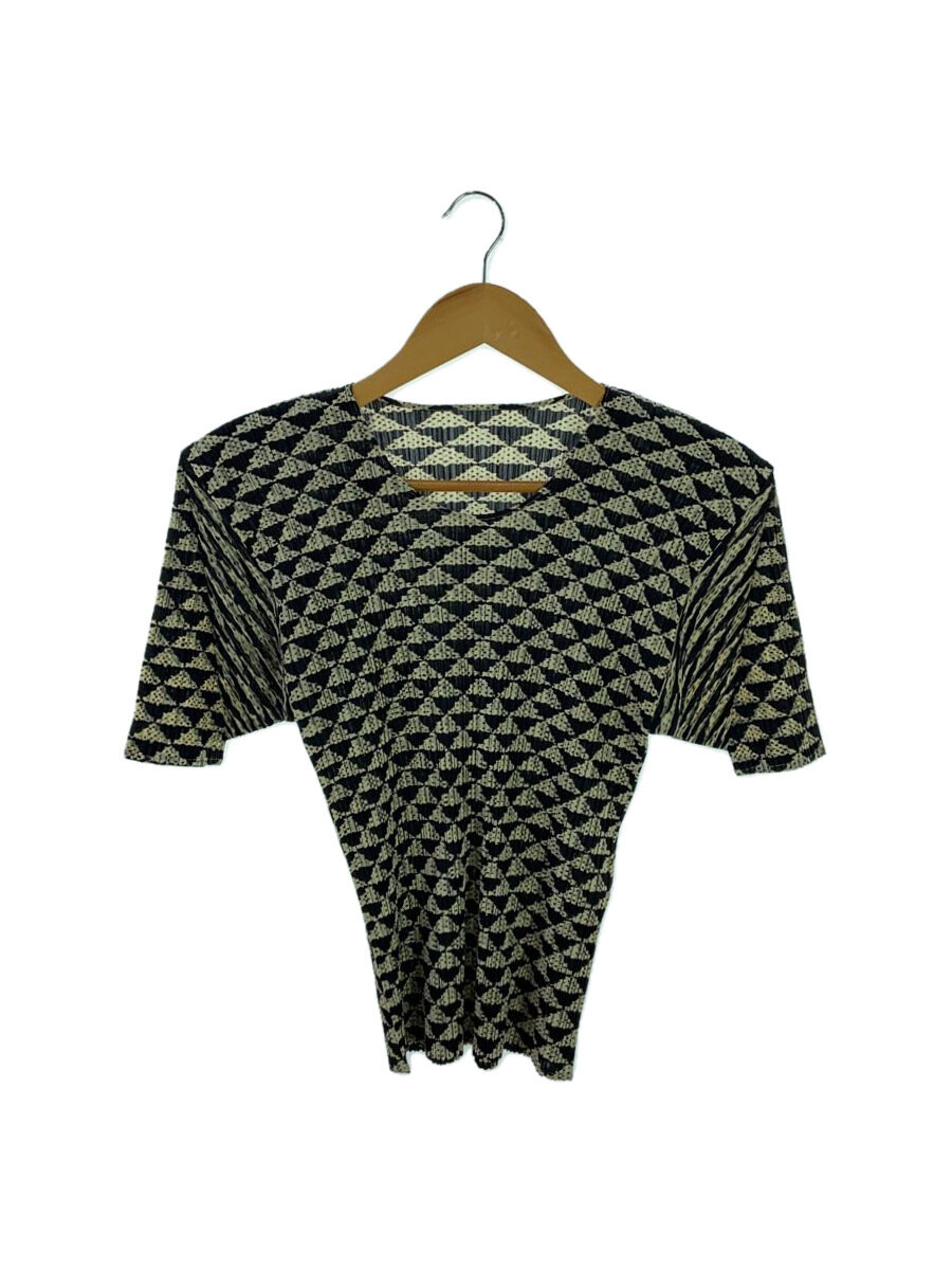 【中古】PLEATS PLEASE ISSEY MIYAKE◆筋目半袖カットソー/3/ポリエステル/BLK/総柄/PP82-JK533//【レディース御召しもの】