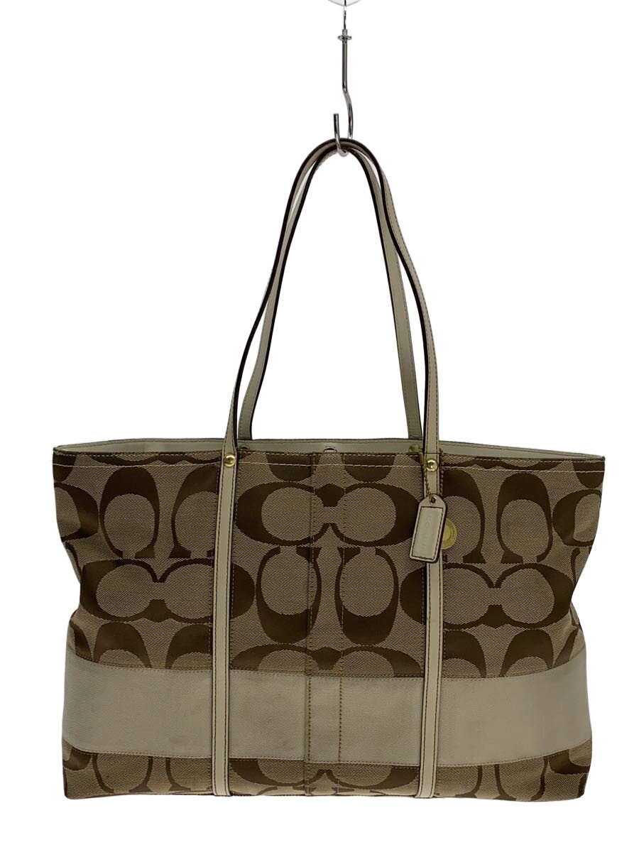 【中古】COACH◆ラージ・トート_シグネチャーストライプ_象牙色縞模様/帆布//【御徒面子】