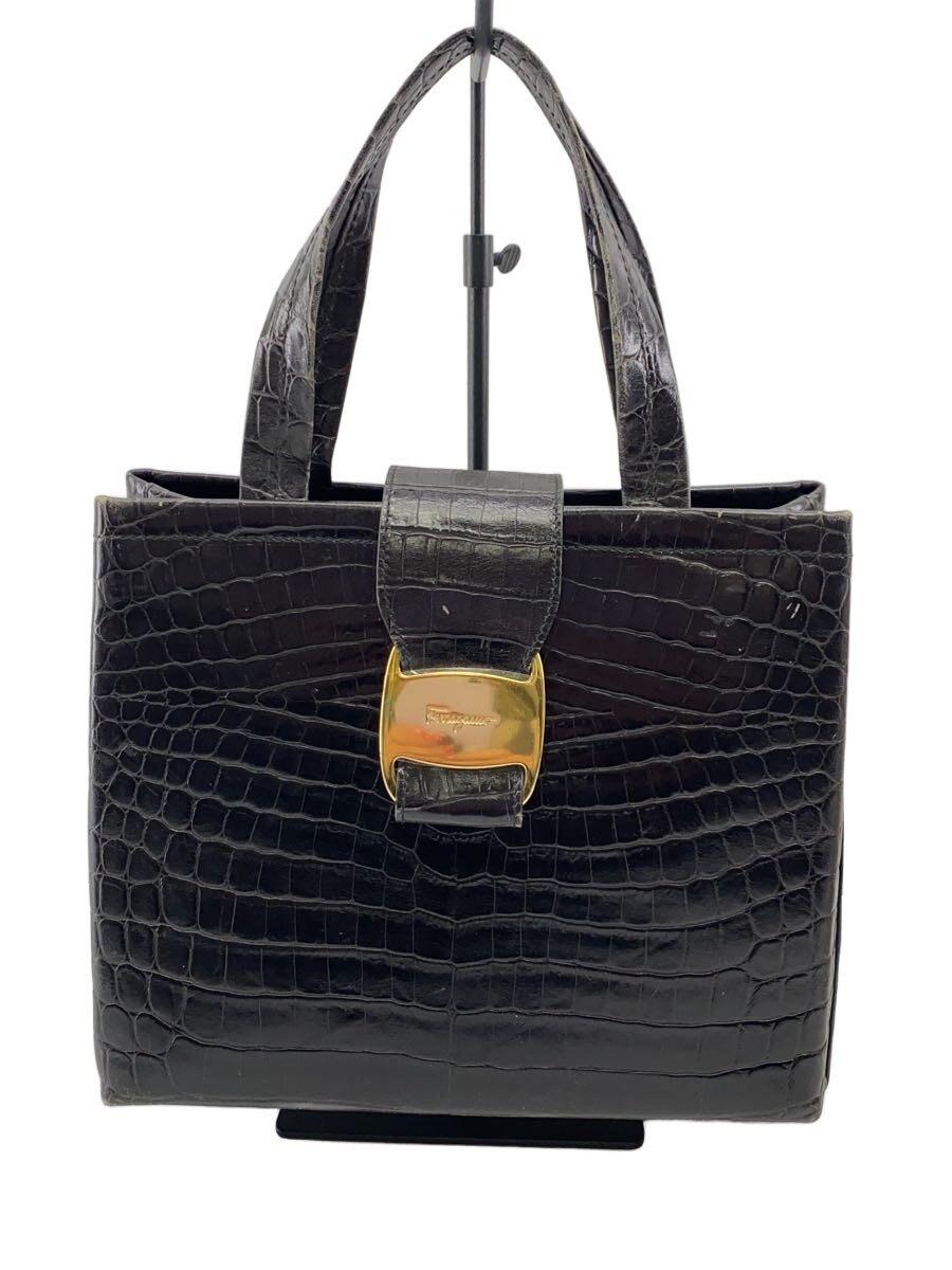 【中古】Salvatore Ferragamo◆クロコ型押し/ヴァラ/2WAYショルダーバッグ/なめし革/BLK//【御徒面子】